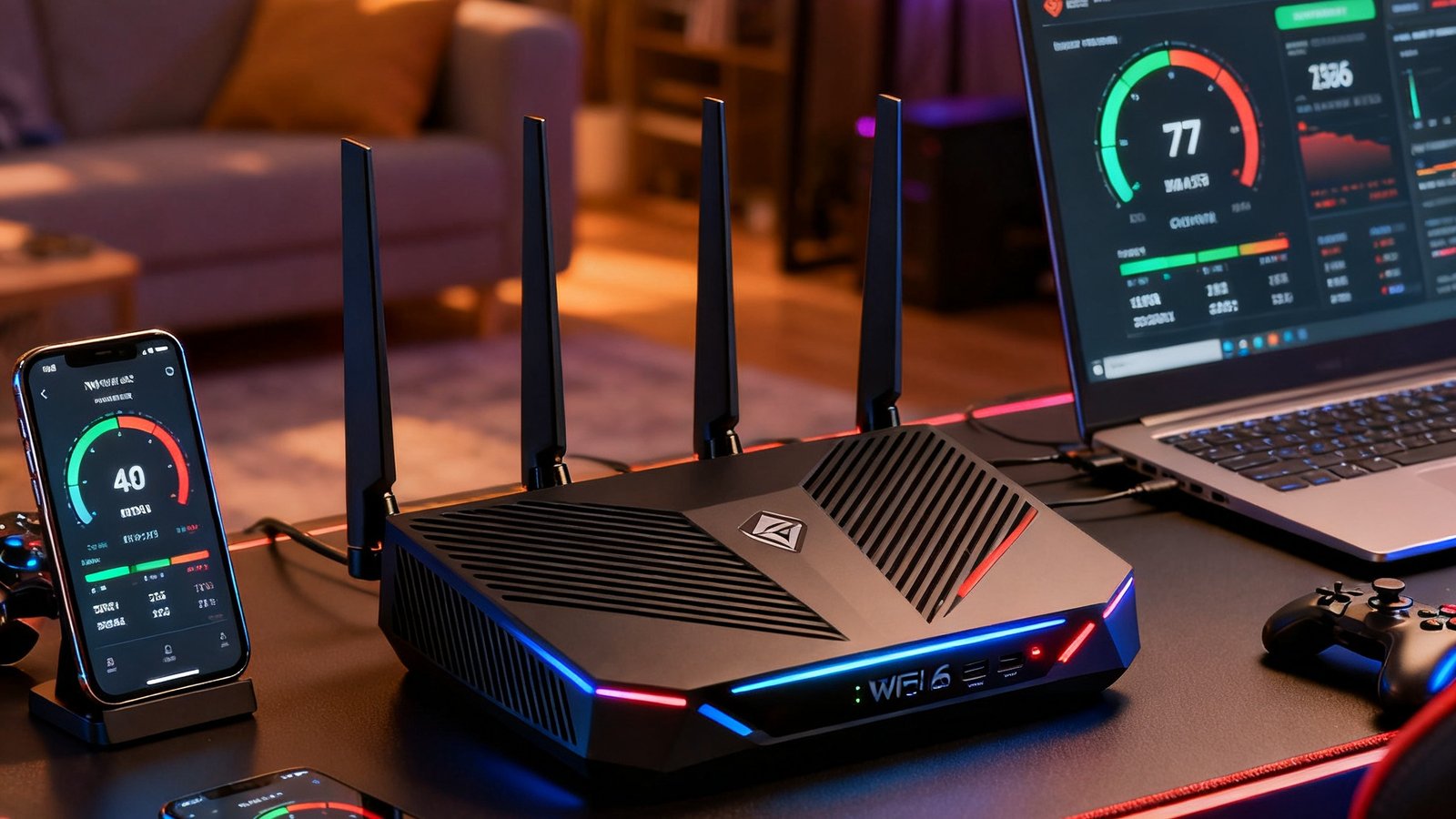 一台最新款WiFi6电竞路由器被放置在游戏桌旁，周围有手机和笔记本电脑显示连接速度测试结果，背景是温馨的游戏房间布置