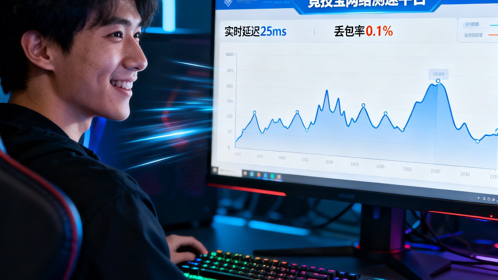 一位电竞玩家坐在电脑前，屏幕上清晰显示竞技宝网络测速平台的界面，包含实时延迟数值25ms、丢包率0.1%以及网络波动曲线图，玩家表情专注而满意，桌面配有RGB电竞键盘和鼠标