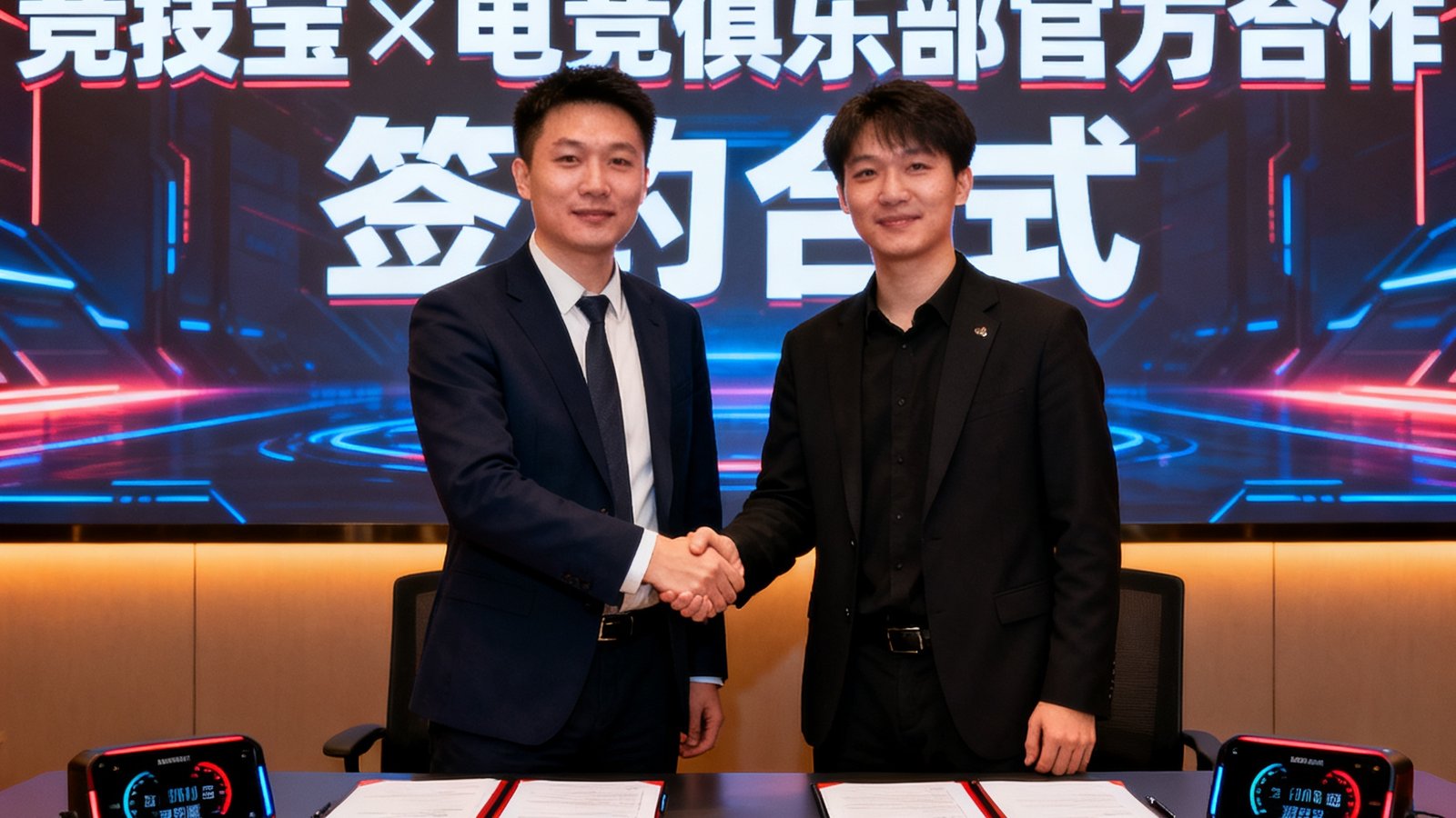 2024年竞技宝与职业电竞俱乐部签约仪式现场，双方代表握手合影，背景LED屏幕显示'竞技宝×电竞俱乐部官方合作'字样，桌面上摆放着签约文件和定制版测速设备